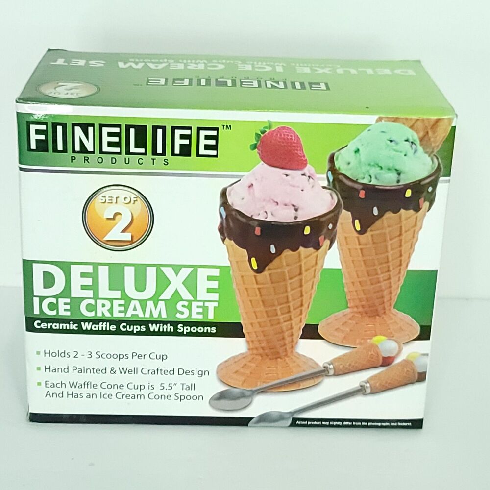 Set Of 2 Ice Cream Ceramic Waffle Cups With Spoons Hand Painted 5.5" Finelife